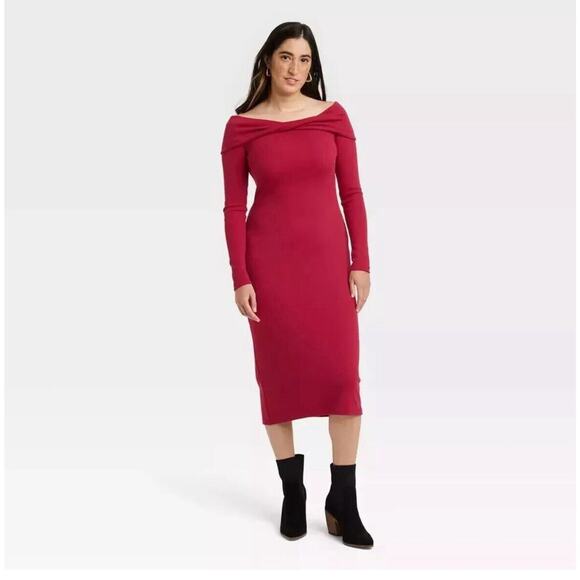 Women's Universal Thread Long Sleeve Midi Bodycon Dress Red Size Medium NWT - Picture 1 of 6